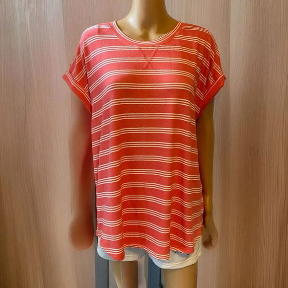 Como Tops - Como Vintage Women's XXL Short Sleeve Shirt Orange White Stripe Soft Comfort